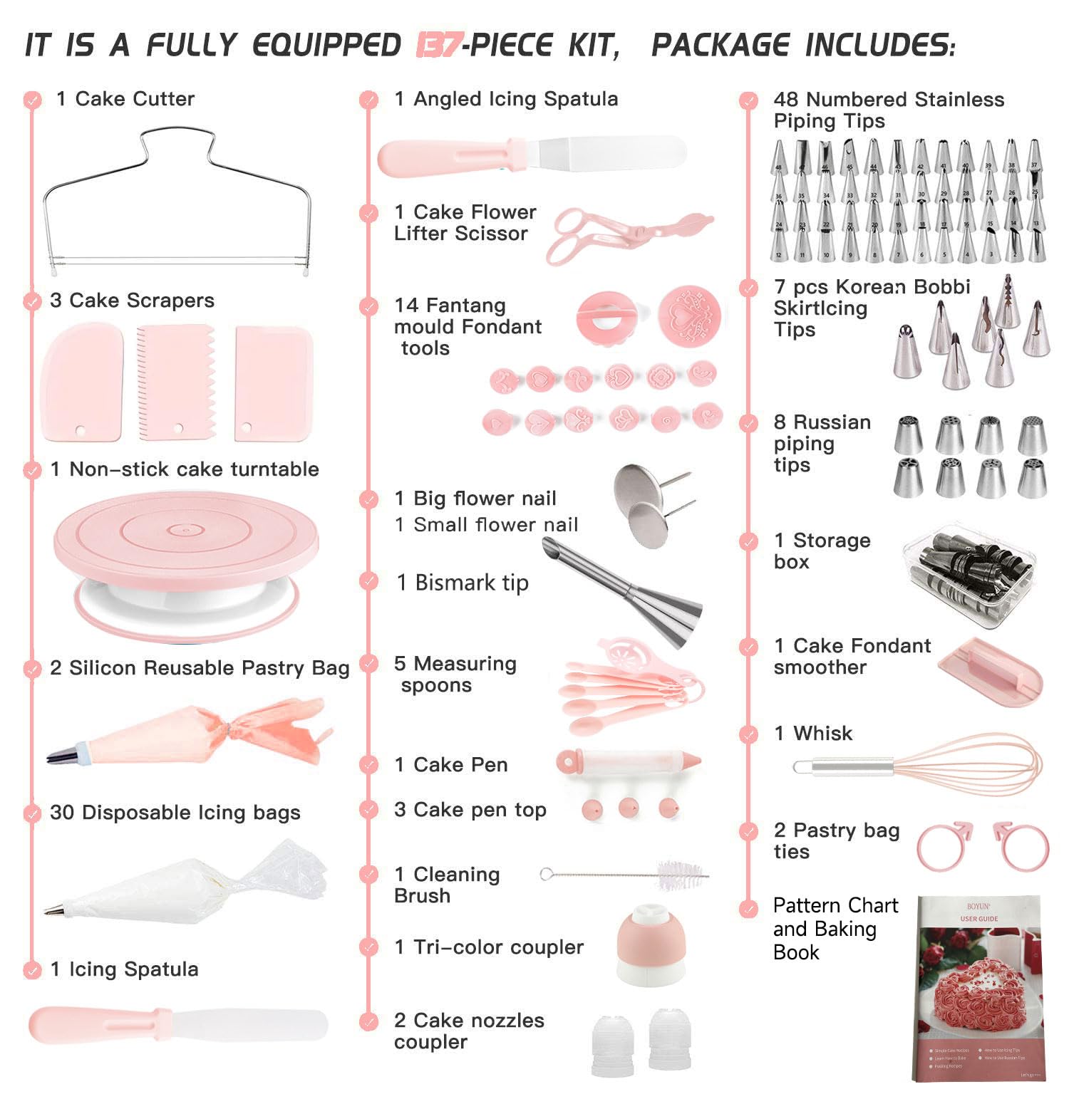 137-piece pink cake decorating kit with piping tools - gallery 2