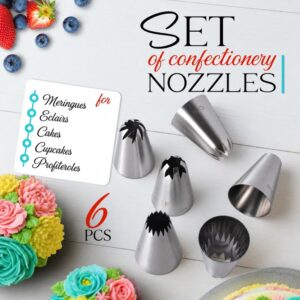 6Pcs Large Piping Tips Set, 304 Stainless Steel Cake Piping Tips Pastry Frosting Icing Tips for Decorating Cookies, Cupcakes & Birthday Cake, Dishwasher Safe