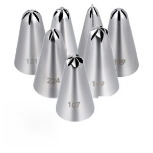 7 Pcs Drop Flower Piping Tips Set, 107, 109, 129, 131, 191, 224, 225 Stainless Steel Icing Tip for Swirl, Rosette, Cake Cookie Decorating Floral Patterns