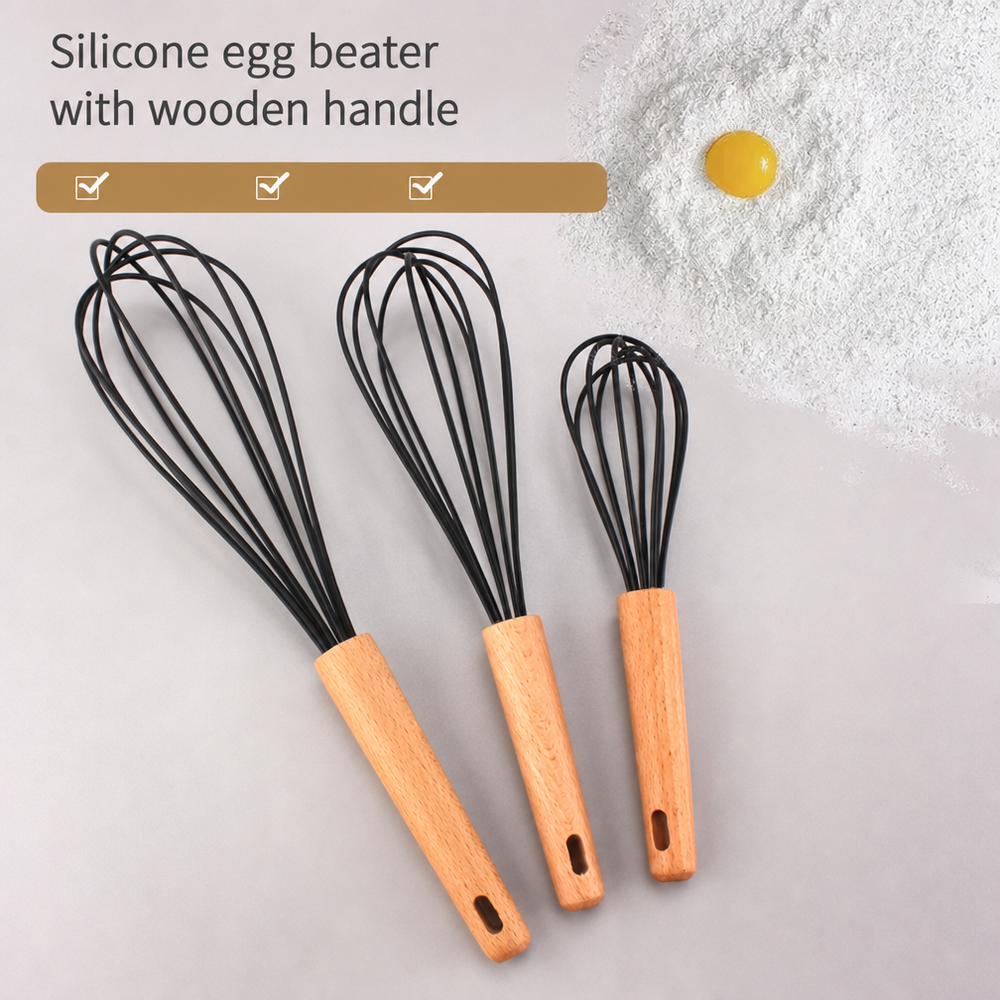 Silicone Whisk with Wood Handle – Whisk for Pancake Batter, Eggs, Cake Mix, Blending, Gravy and Sauces