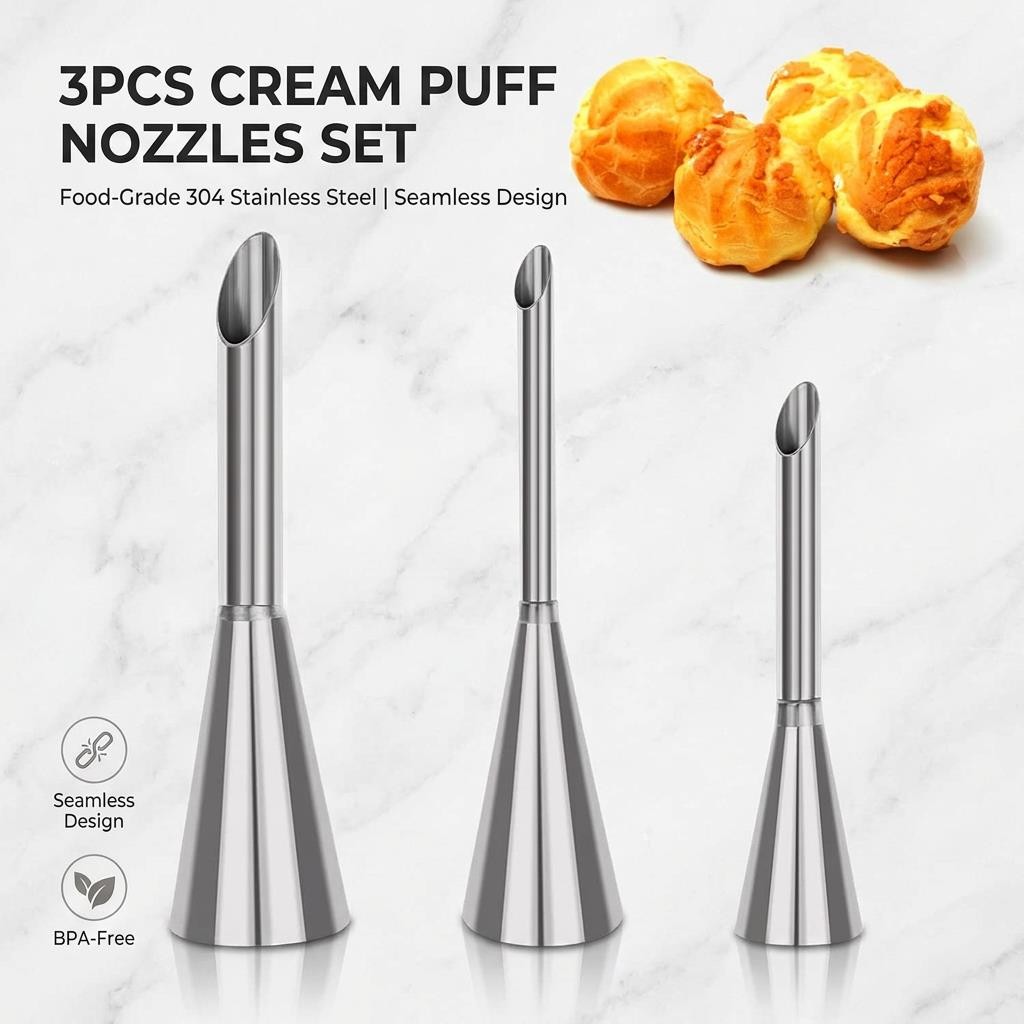 3Pcs Cream Puff Nozzles Set – Seamless 304 Stainless Steel Bismarck Tips