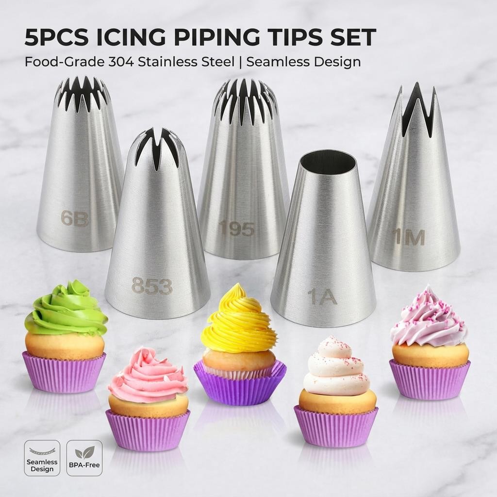 5Pcs Icing Piping Tips Set – Seamless 304 Stainless Steel (6B/853/195/1A/1M)