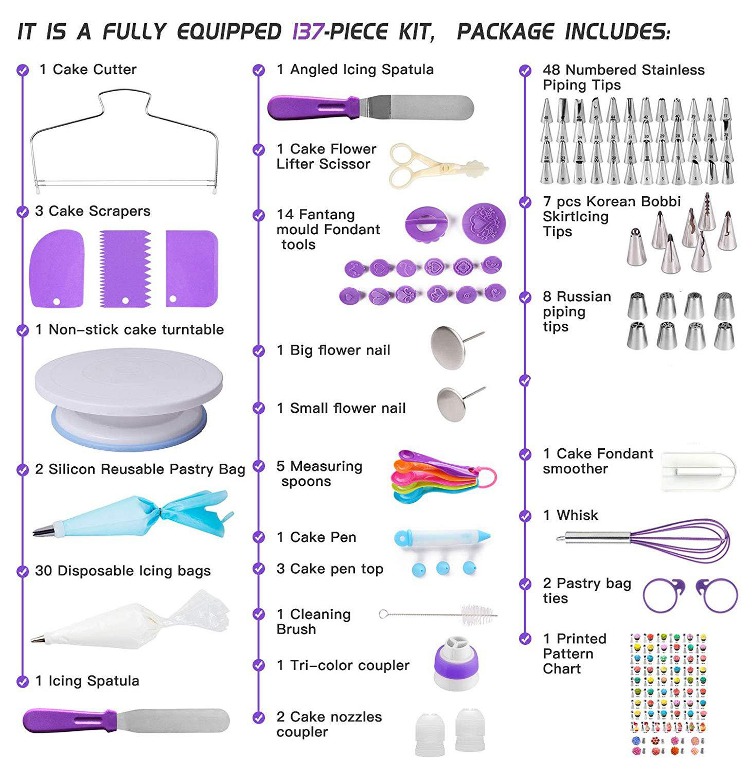 137 Pcs Cake Decorating Kit in Purple – Turntable, 63 Seamless 304 Piping Tips & Fondant Tools - Image 3