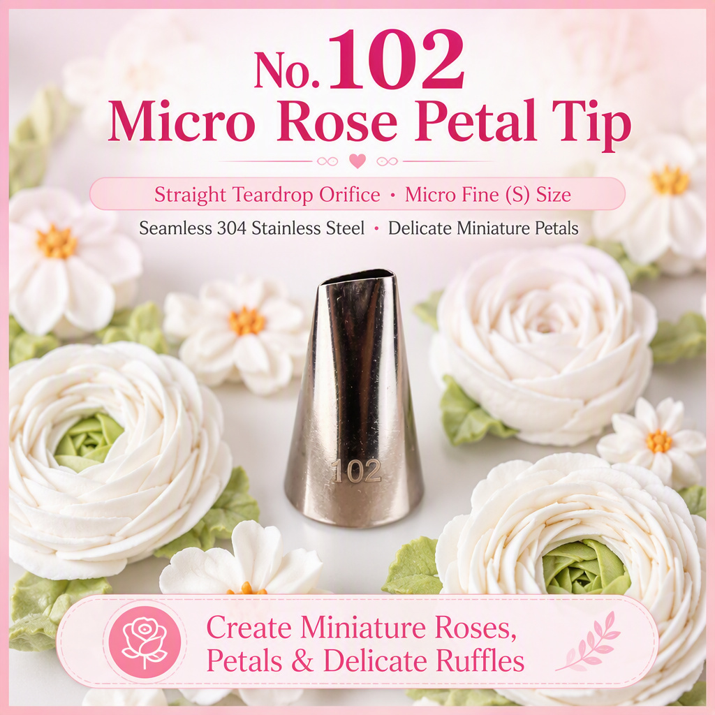 No. 102 micro rose petal tip, straight teardrop orifice, micro fine size, seamless 304 stainless steel