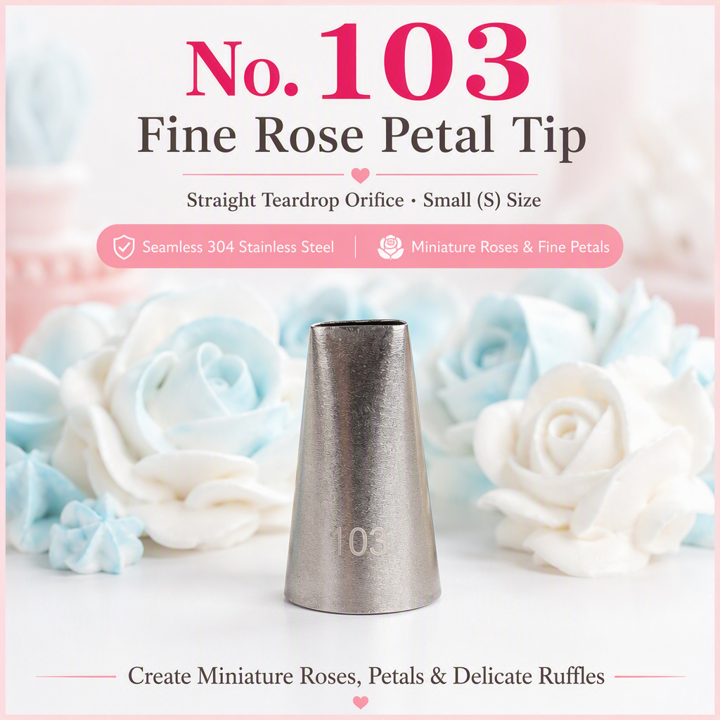 No. 103 fine straight teardrop rose petal piping tip with 10mm opening in seamless 304 stainless steel