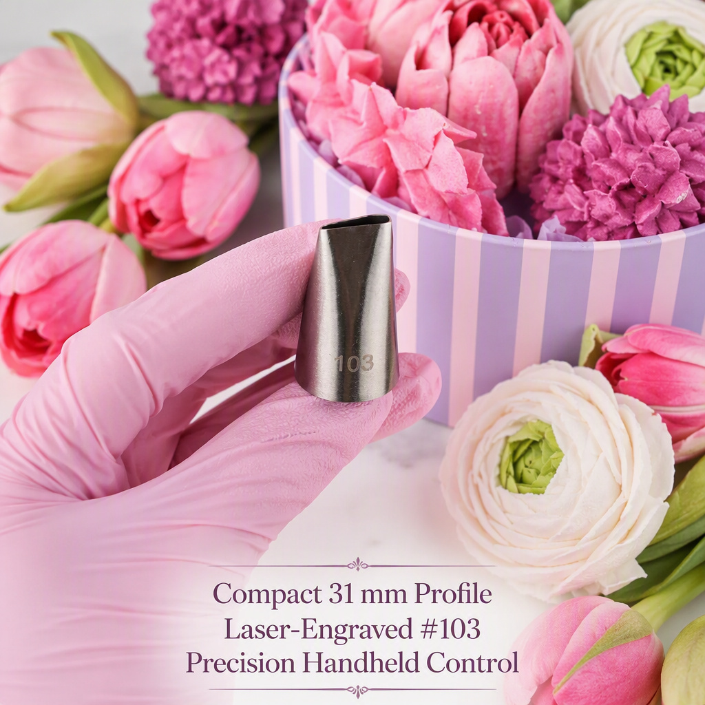 No. 103 fine straight teardrop rose petal piping tip hand-held compact 31mm detail