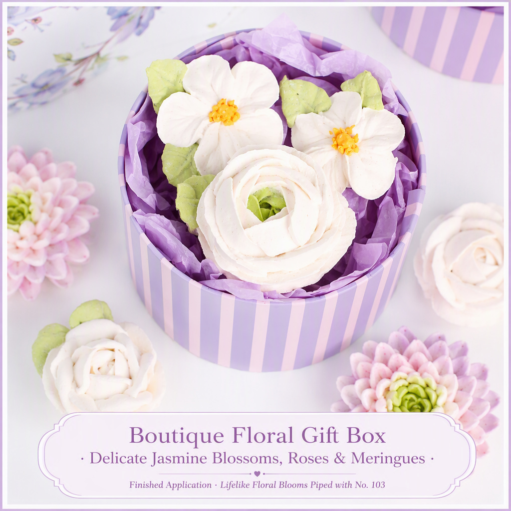 No. 103 fine straight teardrop rose petal piping tip floral gift box application