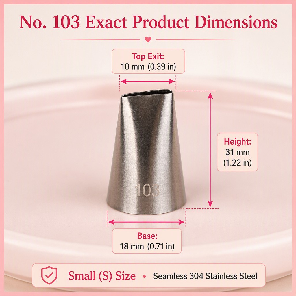 No. 103 fine rose petal tip dimensions — 10 mm top exit, 31 mm height, 18 mm base, small size — Willia Bake