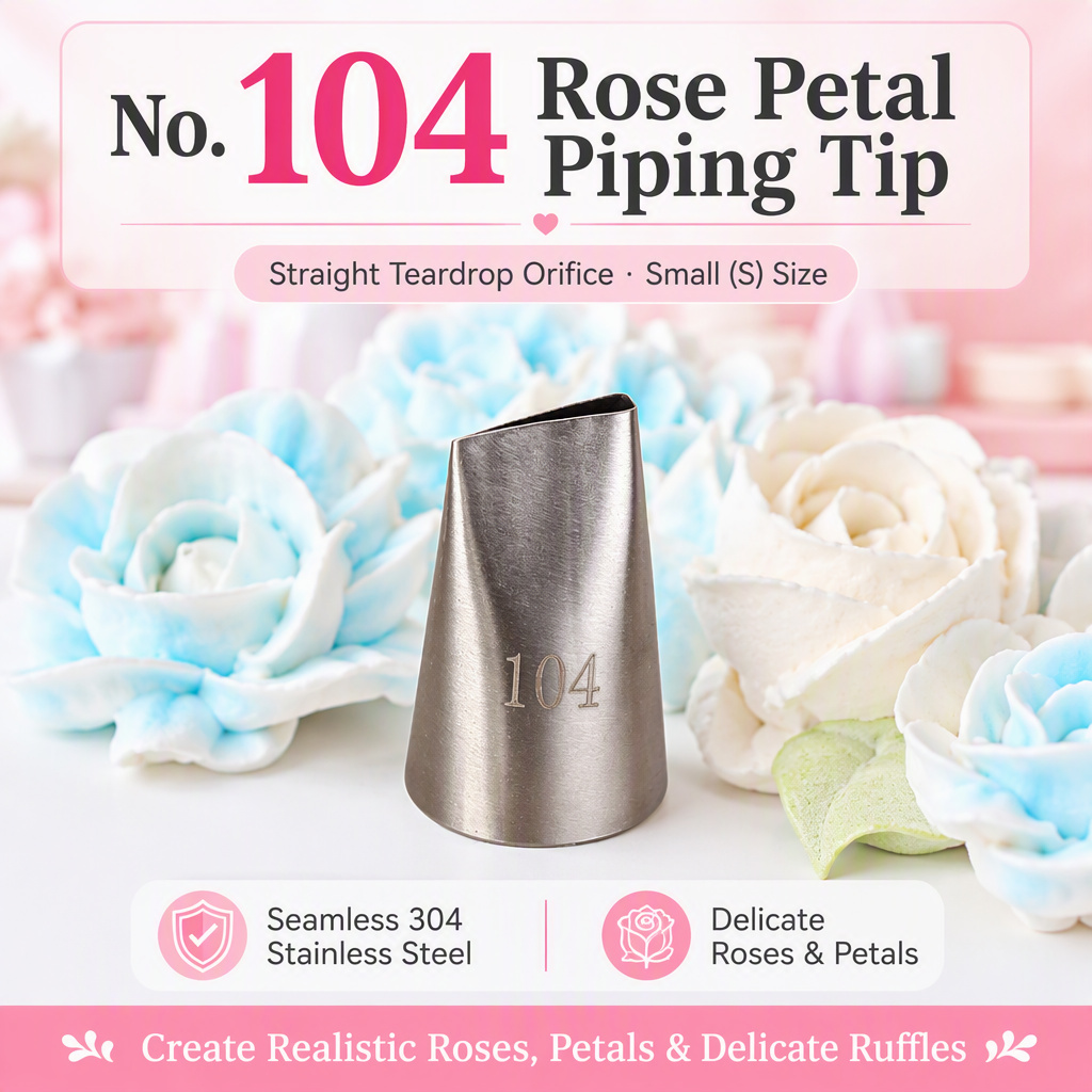 No. 104 straight teardrop rose petal piping tip with 13mm opening in seamless 304 stainless steel