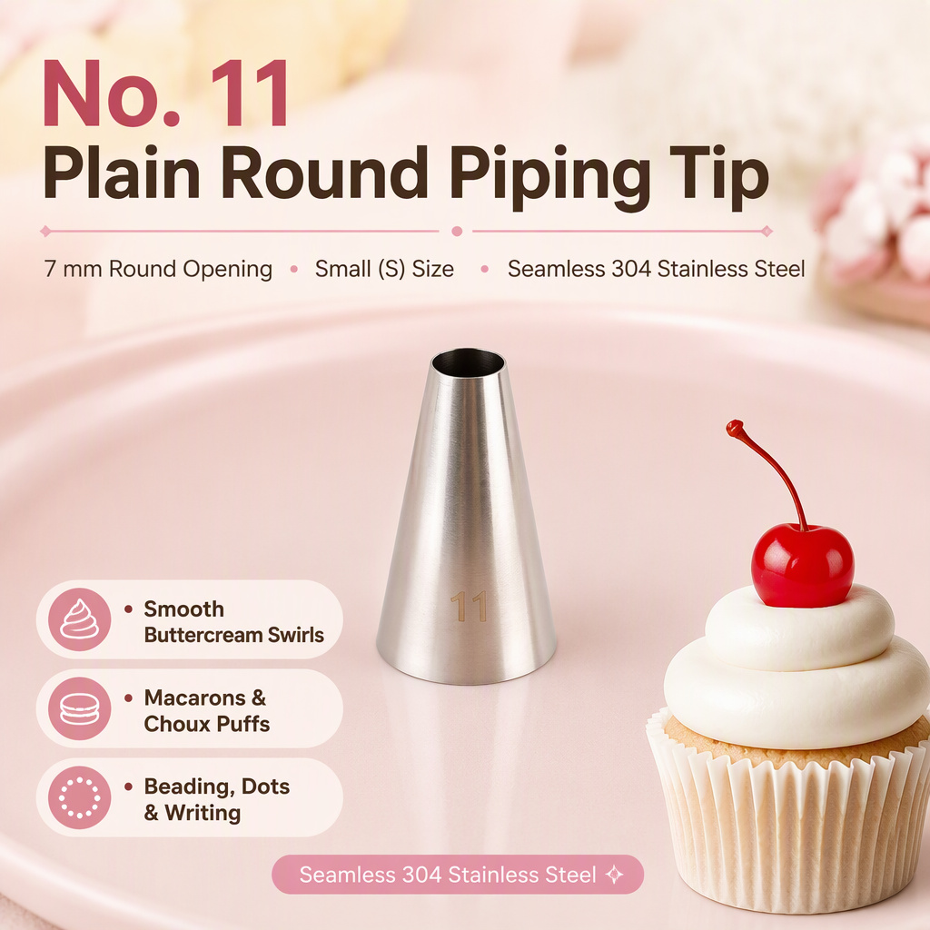 No. 11 plain round piping tip, 7 mm opening, small size, seamless 304 stainless steel — Willia Bake