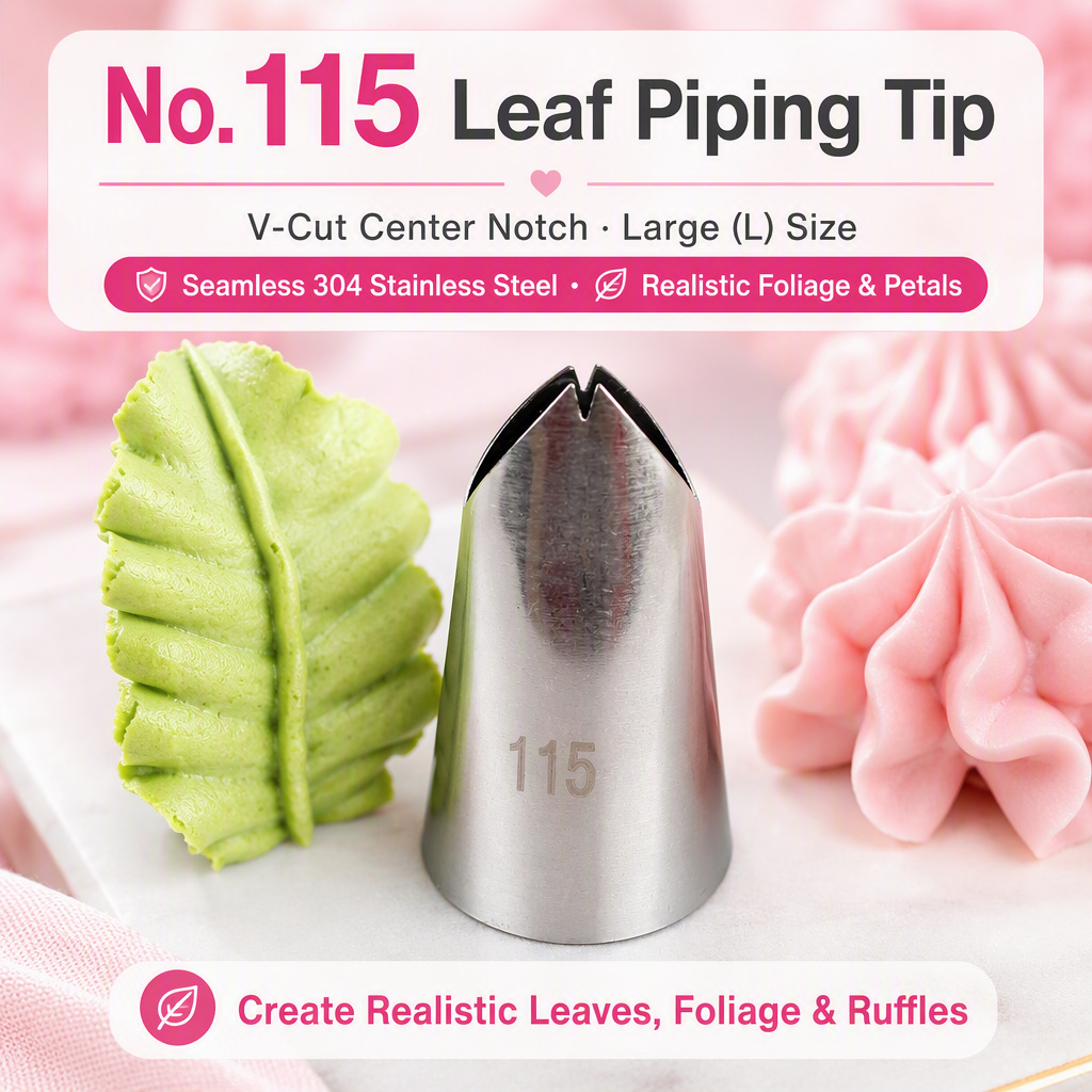 No. 115 leaf piping tip, V-cut center notch, large size, seamless 304 stainless steel — Willia Bake