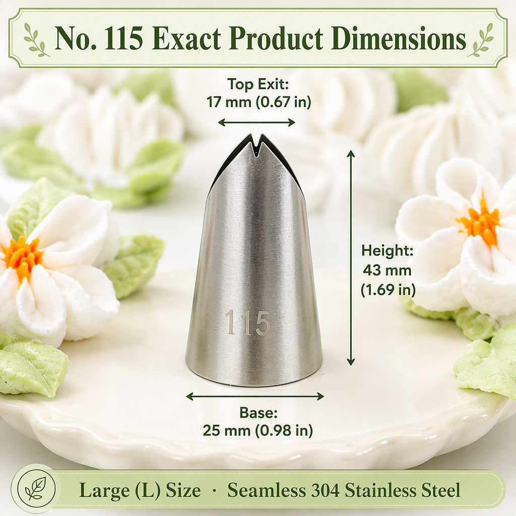 No. 115 leaf tip dimensions — 17 mm top exit, 43 mm height, 25 mm base, large size