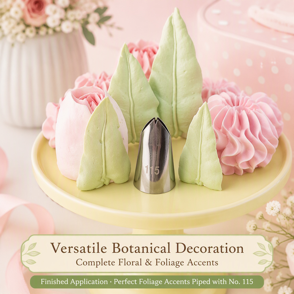 Versatile botanical decoration piped with the No. 115 leaf tip — floral and foliage accents