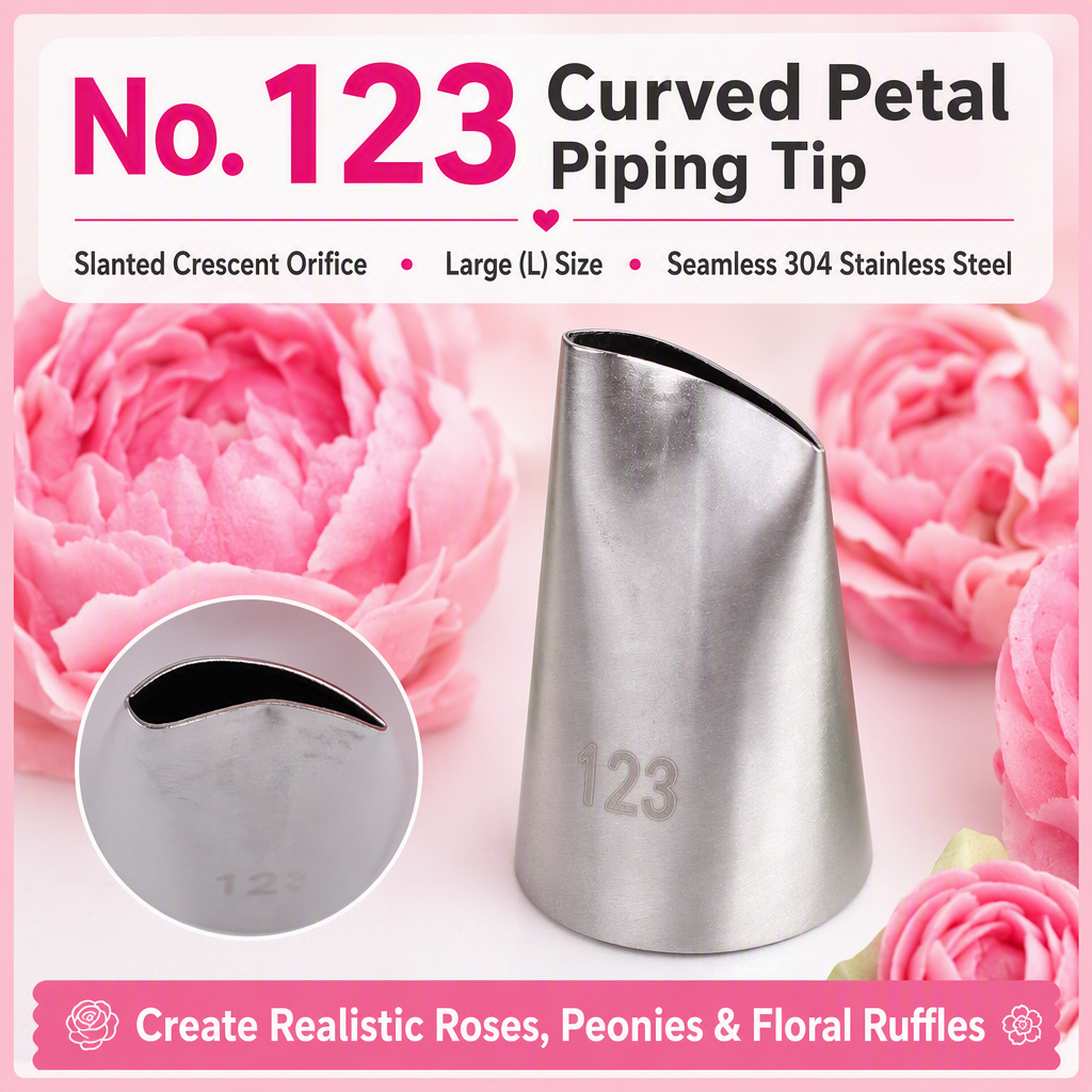 No. 123 large slanted crescent petal piping tip in seamless 304 stainless steel