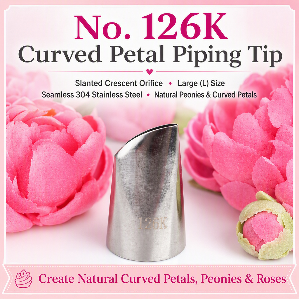 No. 126K extra-large curved rose petal piping nozzle in seamless 304 stainless steel