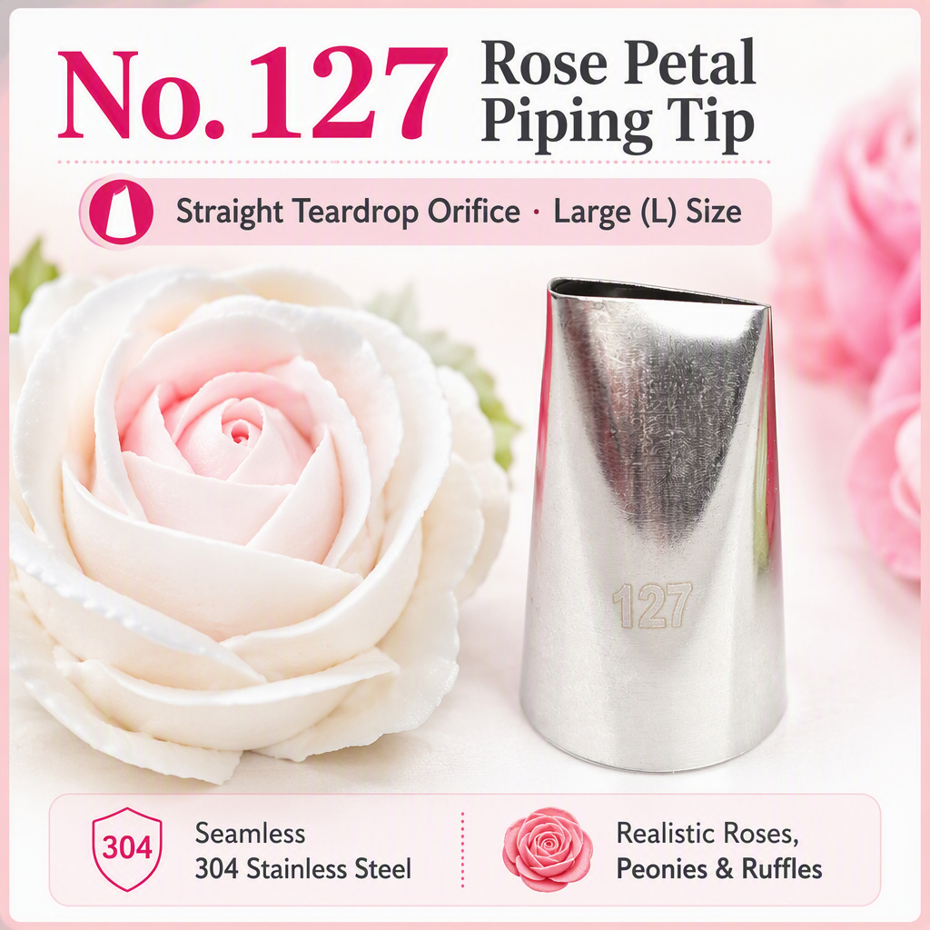 No. 127 extra-large straight teardrop rose petal piping nozzle in seamless 304 stainless steel