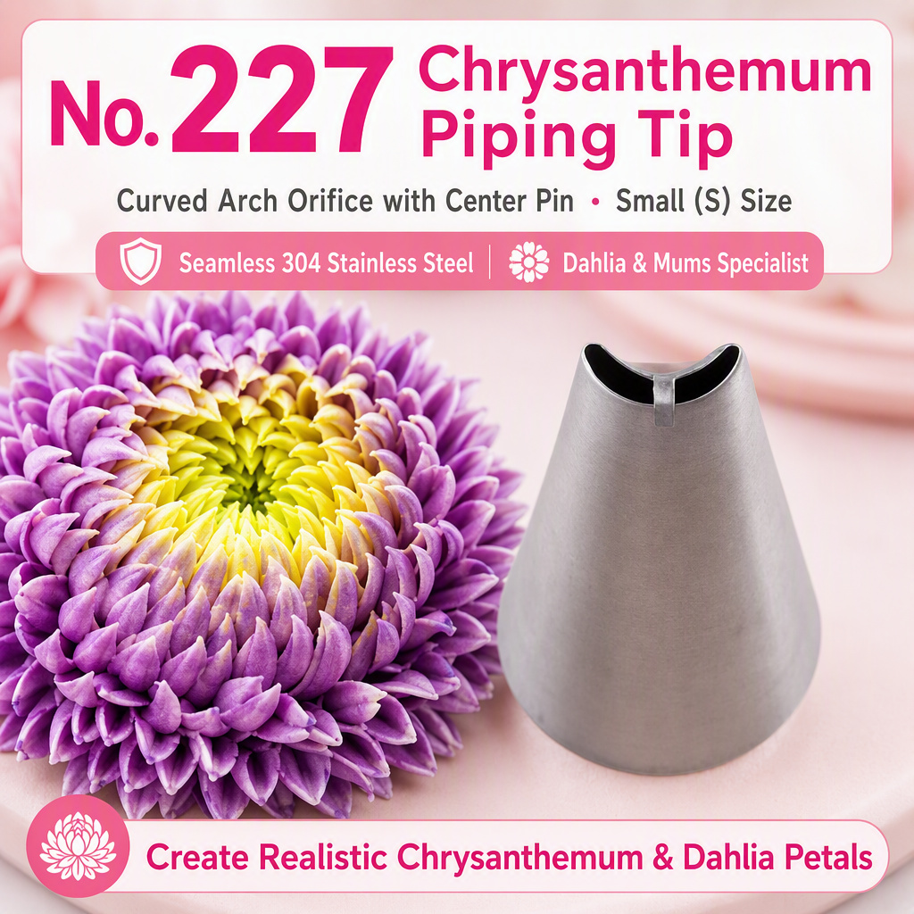 No. 227 chrysanthemum & dahlia piping tip in seamless 304 stainless steel, fluted crescent opening