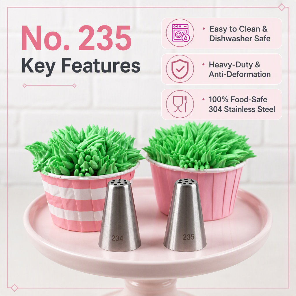 Comparison chart of grass piping tips including No. 233, No. 234, and No. 235