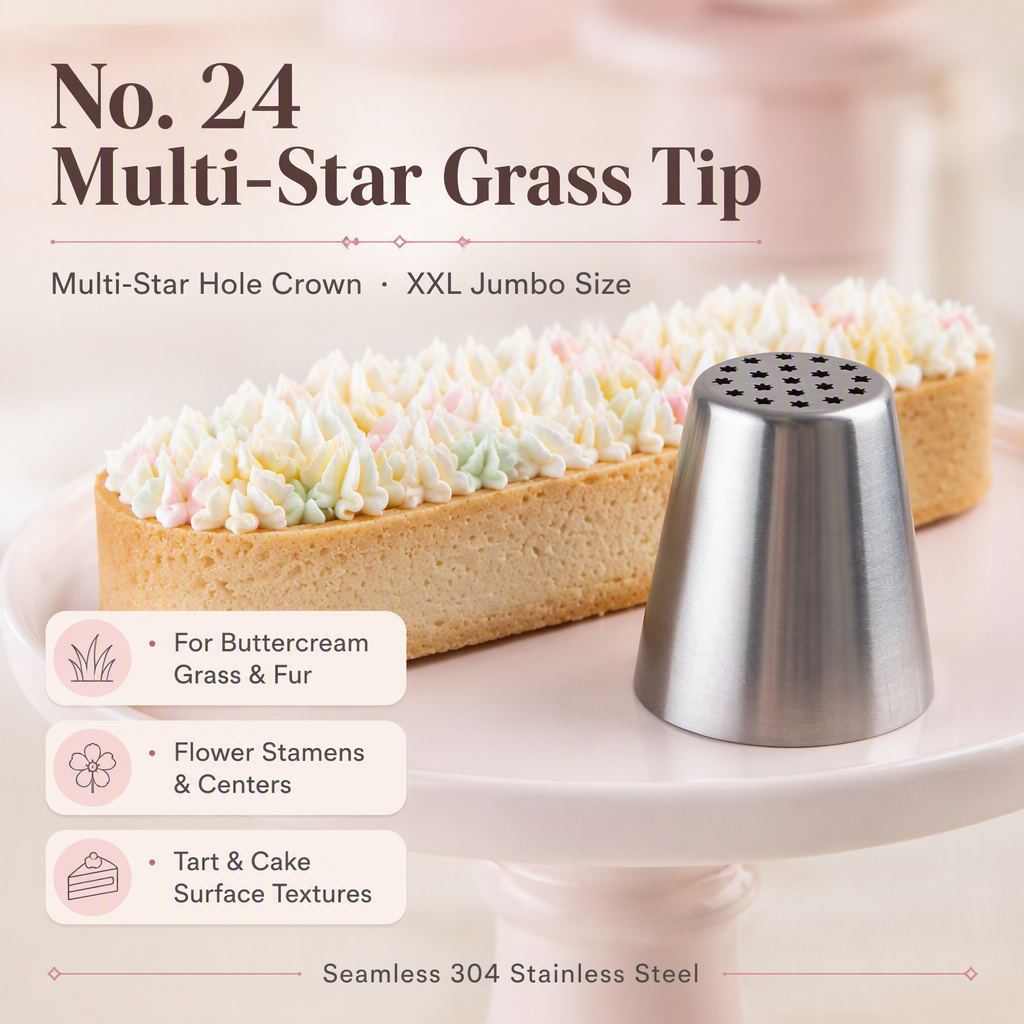 No. 24 Multi-Star Grass Piping Tip – XXL Icing Nozzle for Buttercream Fur & Flower Centers, Seamless 304 Stainless Steel