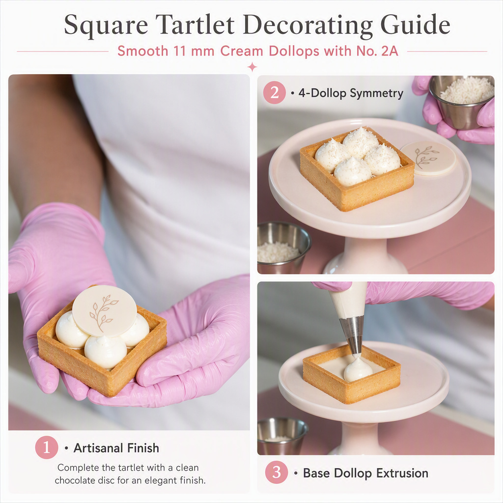 No. 2A plain round piping tip tartlet decorating application with cream dollops