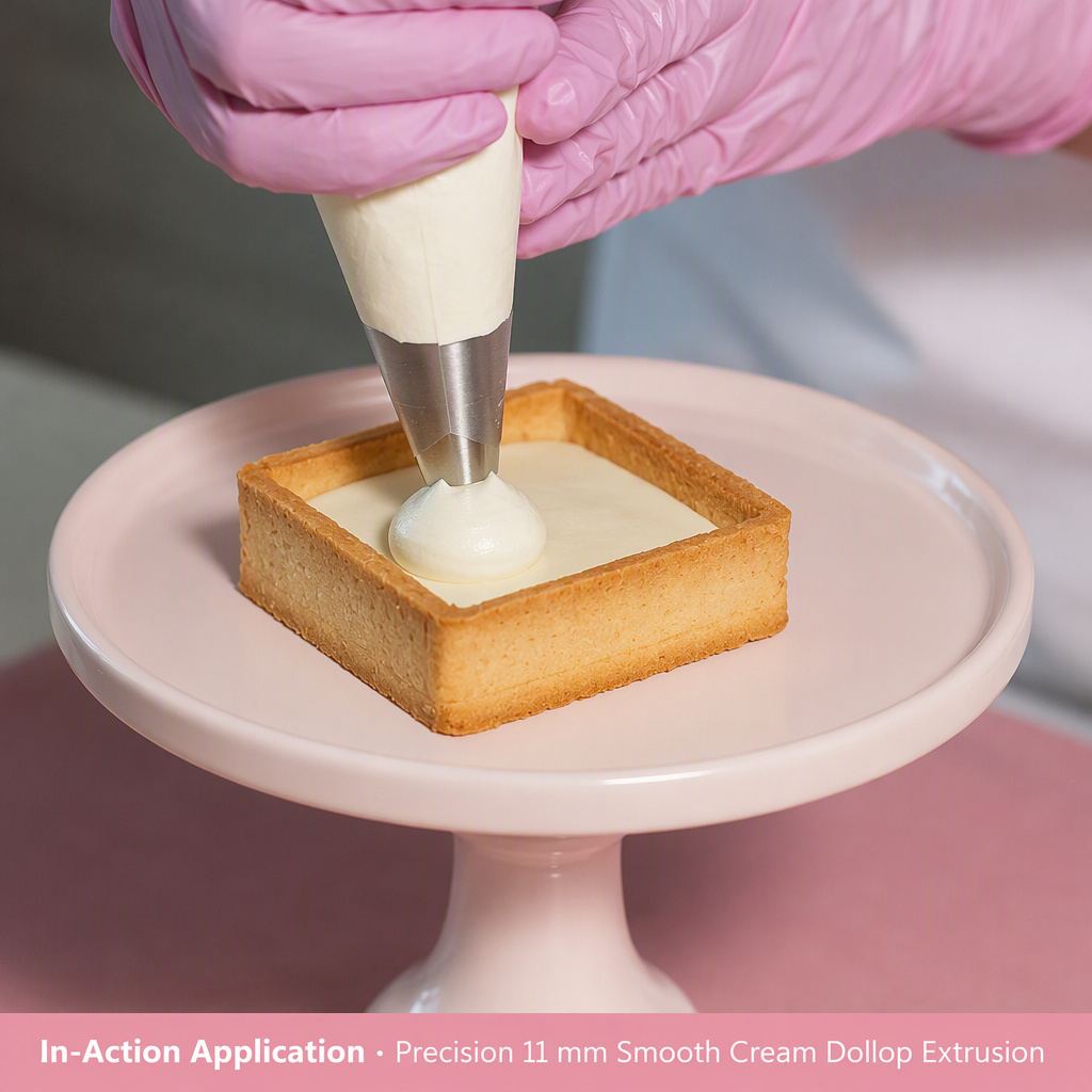 No. 2A plain round piping tip piping a smooth cream dollop on tart