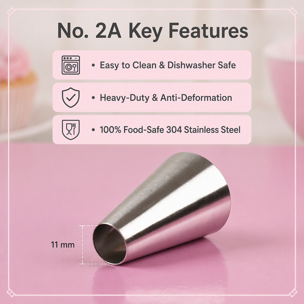 No. 2A plain round piping tip features including dishwasher-safe 304 stainless steel