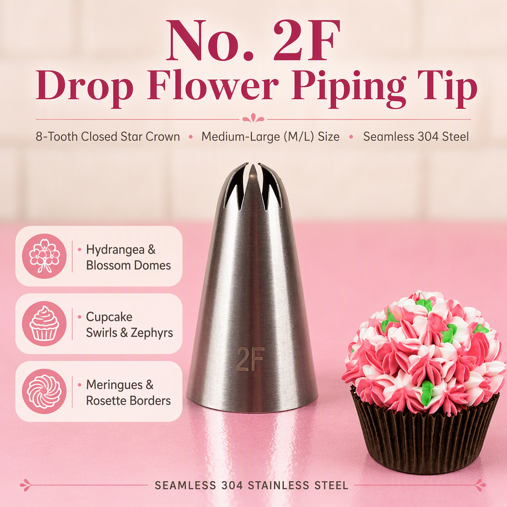 No. 2F drop flower piping tip, 8-tooth closed star crown, seamless 304 stainless steel — Willia Bake