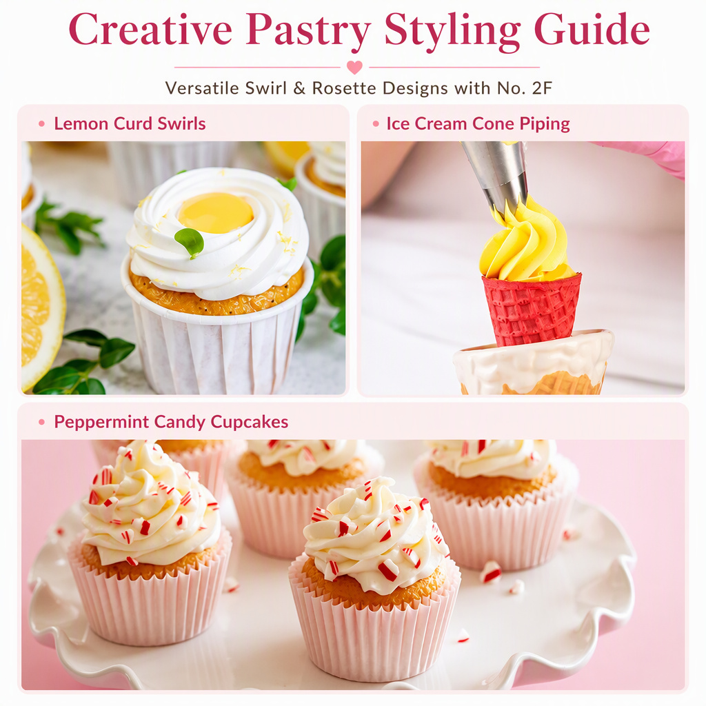 Creative pastry styling with a No. 2F tip — lemon curd swirls and ice cream cone piping