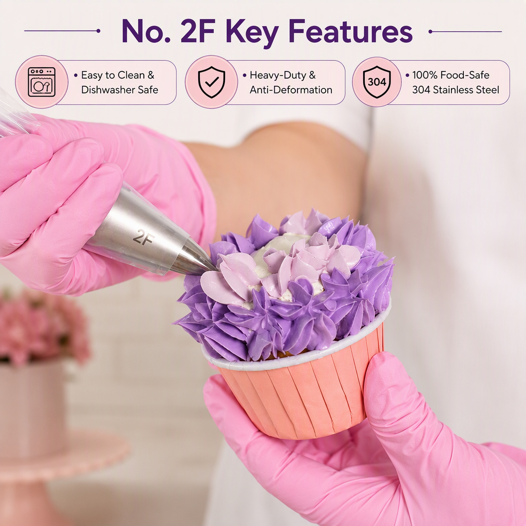 Piping a hydrangea dome onto a cupcake with a No. 2F drop flower tip