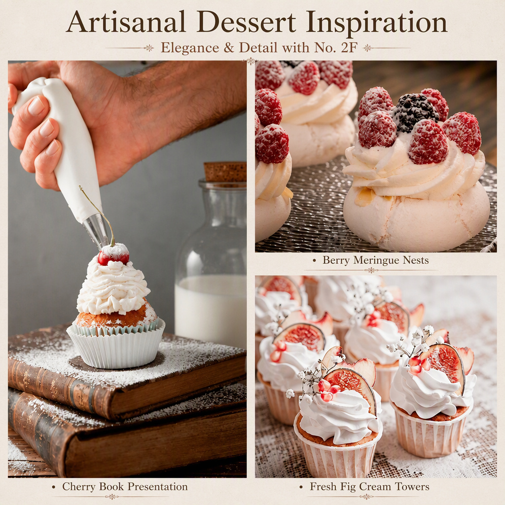 Artisanal dessert inspiration piped with a No. 2F tip — meringue nests and cream towers
