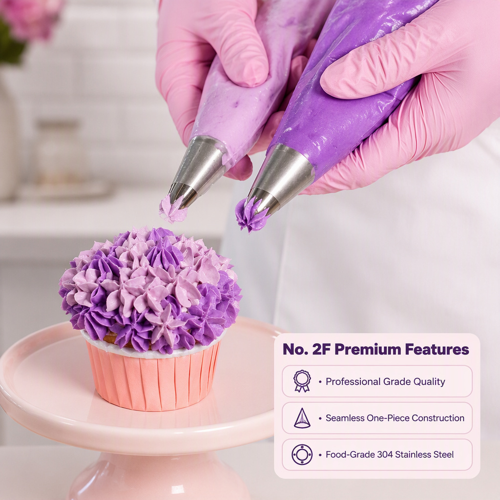 Dual-tone purple cream flowers piped with a No. 2F drop flower tip