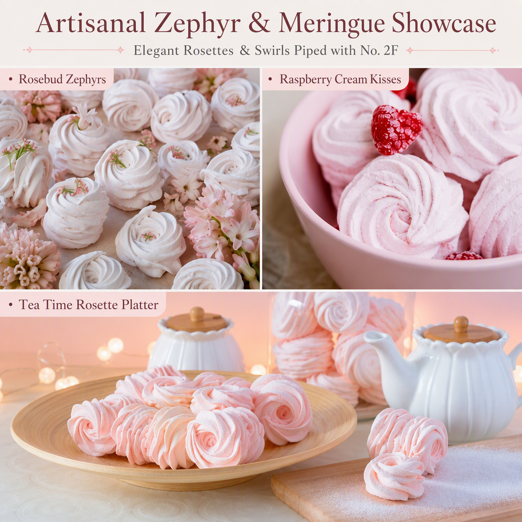 Rosebud zephyrs and raspberry cream kisses piped with a No. 2F tip