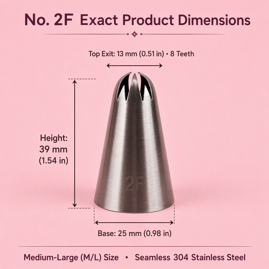 No. 2F tip dimensions: 13 mm top exit, 39 mm height, 25 mm base, 8 teeth