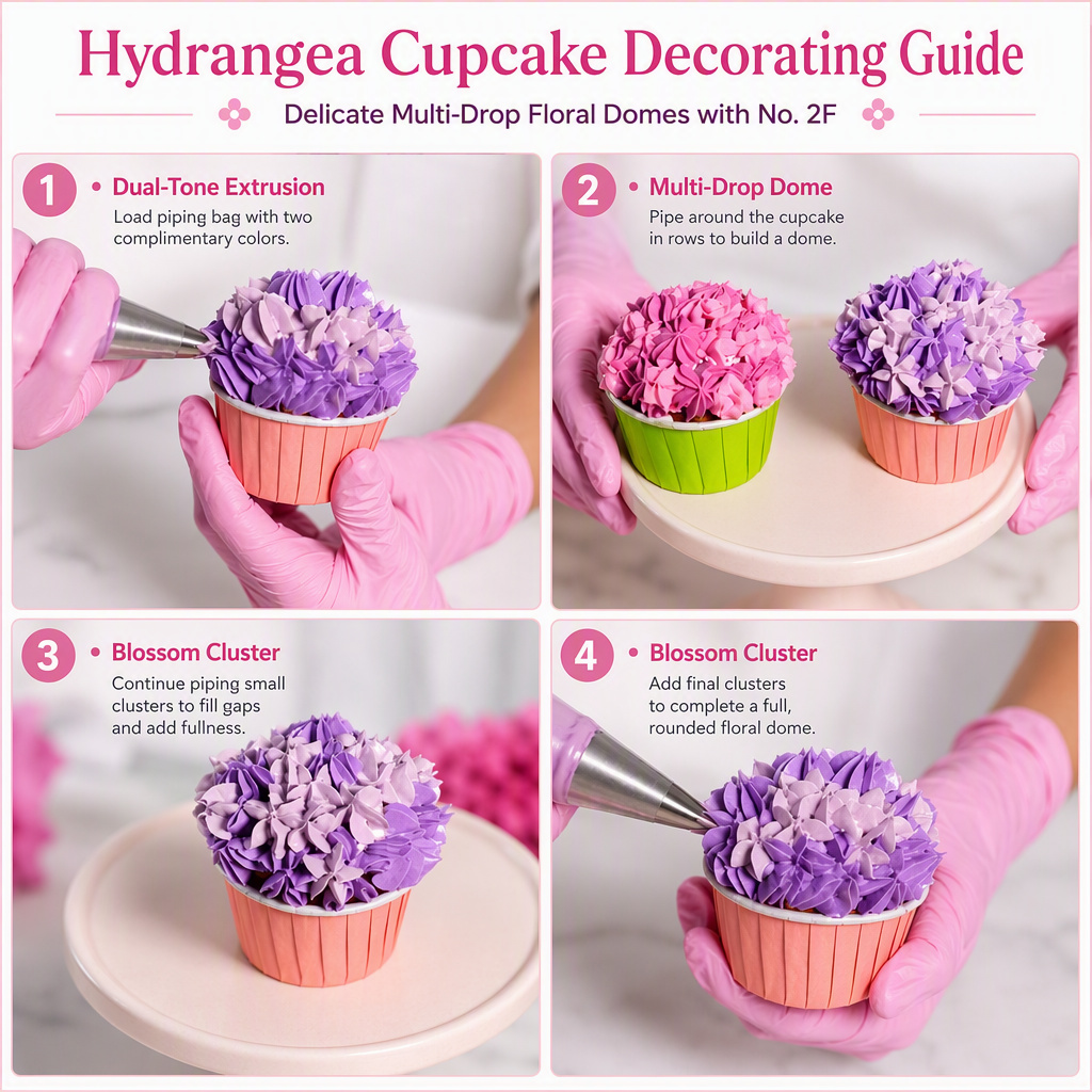 Hydrangea cupcake decorating guide with a No. 2F tip, four-step floral dome