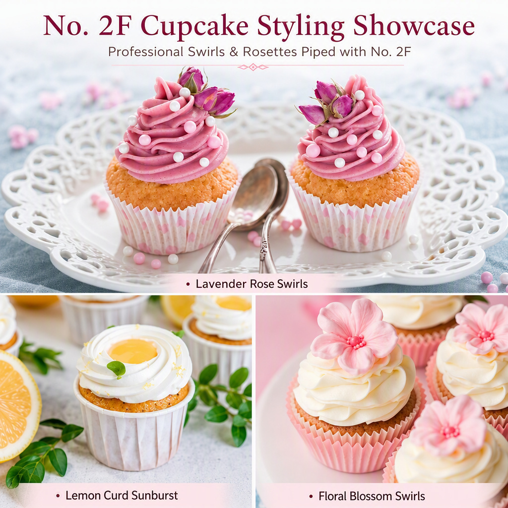 Cupcake styling showcase piped with a No. 2F tip — rose swirls and blossom swirls