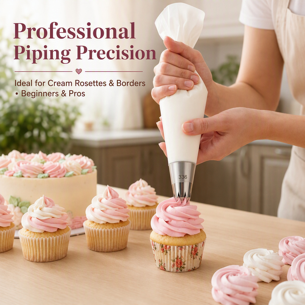 One-step buttercream rose swirl and drop flower piped on cupcake using No. 336 tip