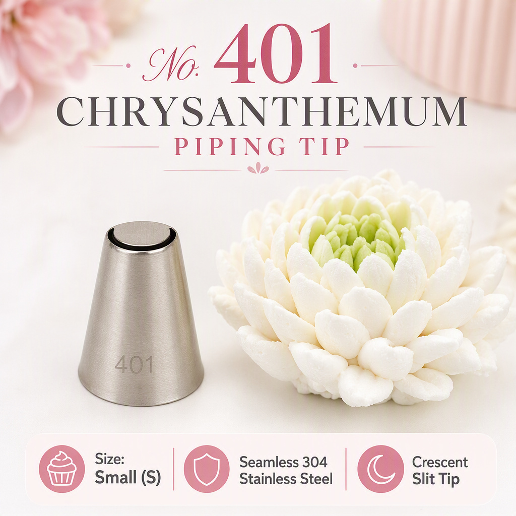No. 401 chrysanthemum petal piping tip in seamless 304 stainless steel, crescent slit opening, small size