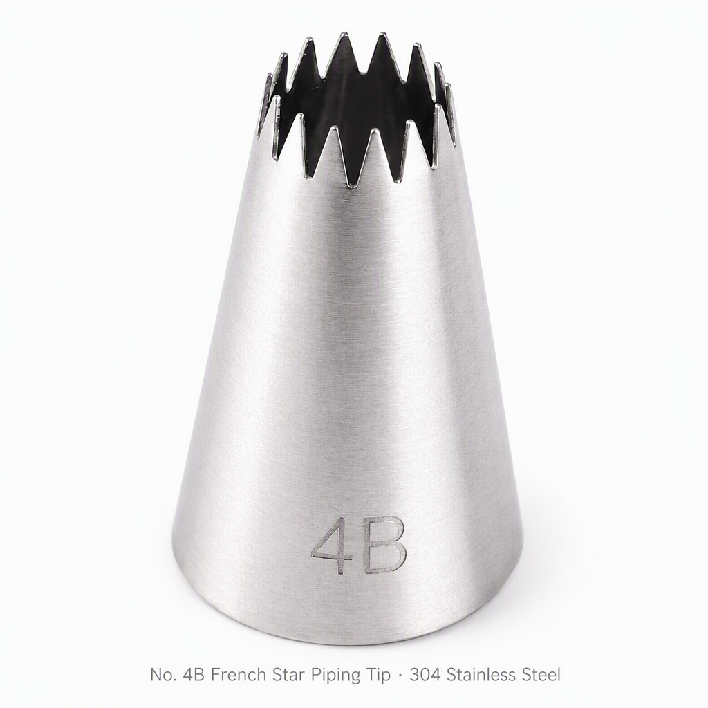 No. 4B French star piping tip in 304 stainless steel, multi-tooth crown close-up