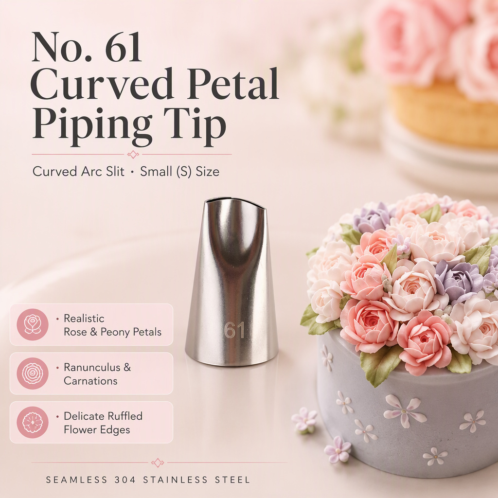 No. 61 curved petal piping tip for small roses and peonies with seamless 304 stainless steel
