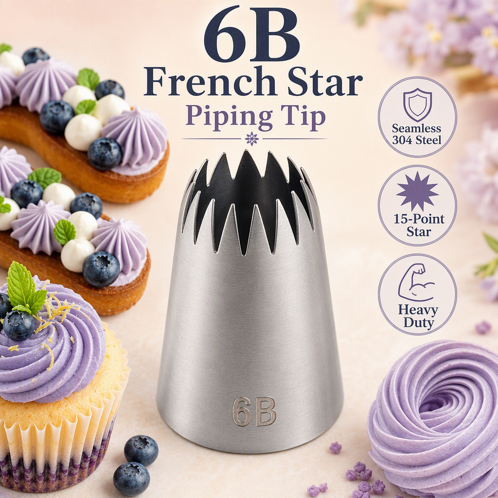 6B Piping Tip – Large Open Star Icing Nozzle, Seamless 304 Stainless Steel