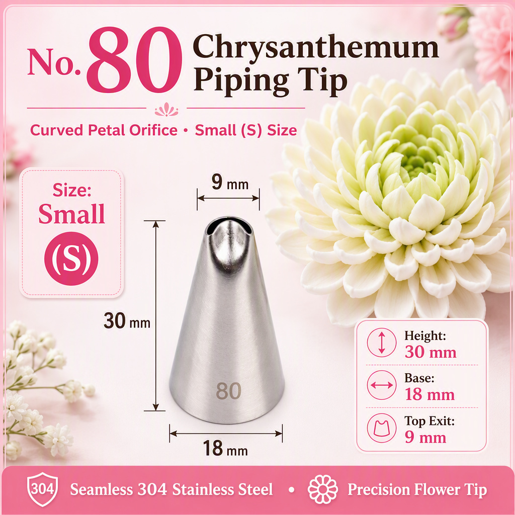 No. 80 chrysanthemum piping tip, 9 mm curved petal orifice, small size, seamless 304 stainless steel — Willia Bake