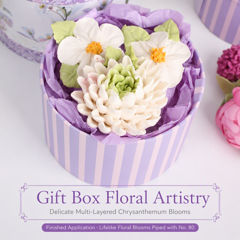 Multi-layered chrysanthemum blooms piped with the No. 80 tip in a gift box arrangement