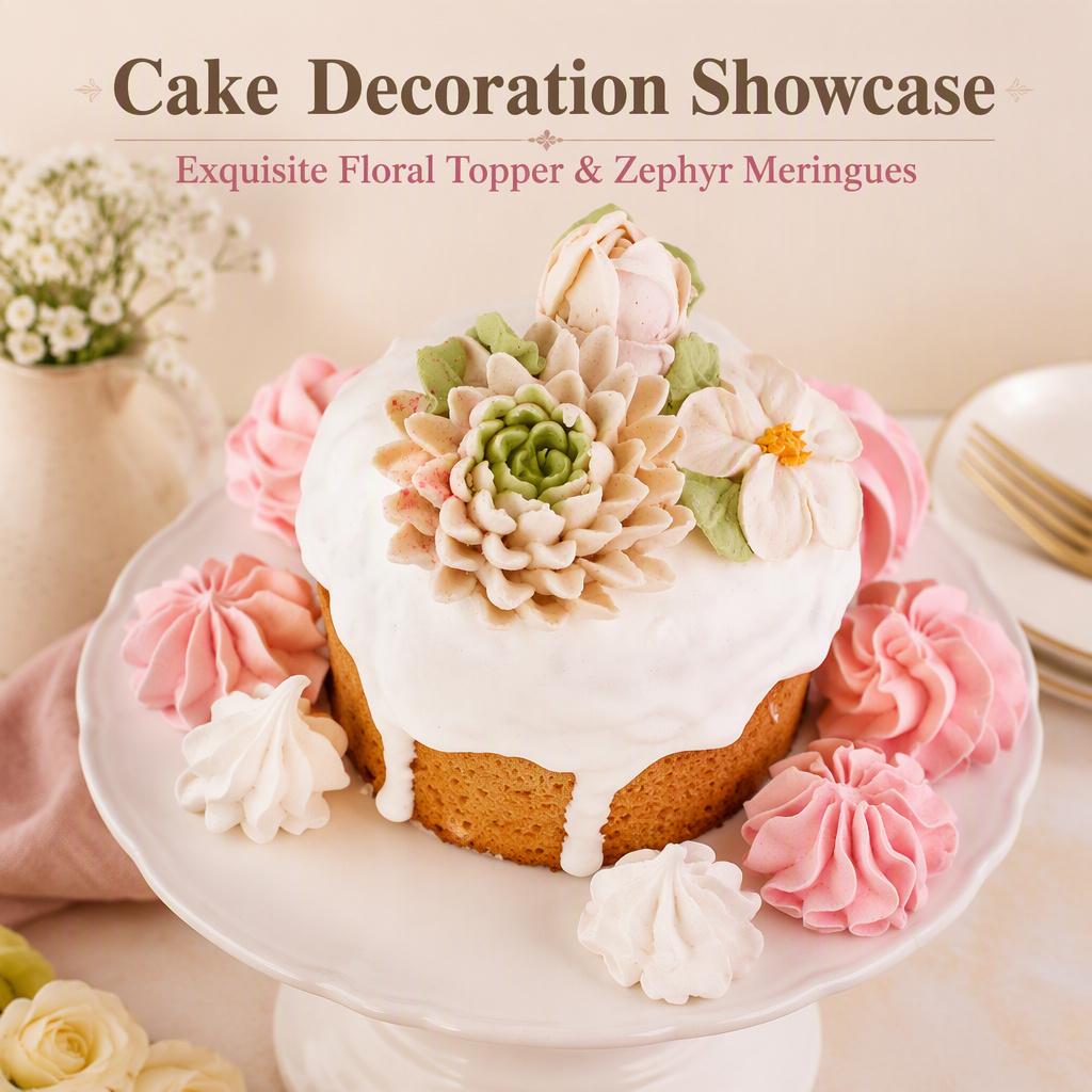 Cake decoration showcase — floral topper and zephyr meringues piped with the No. 80 tip