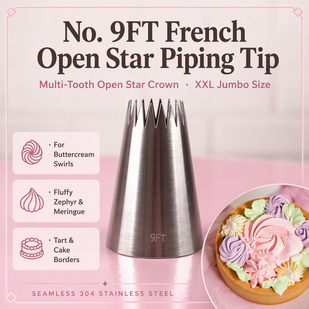 No. 9FT French Open Star Piping Tip – XXL Pastry Tip for Eclair, Choux & Cake Borders