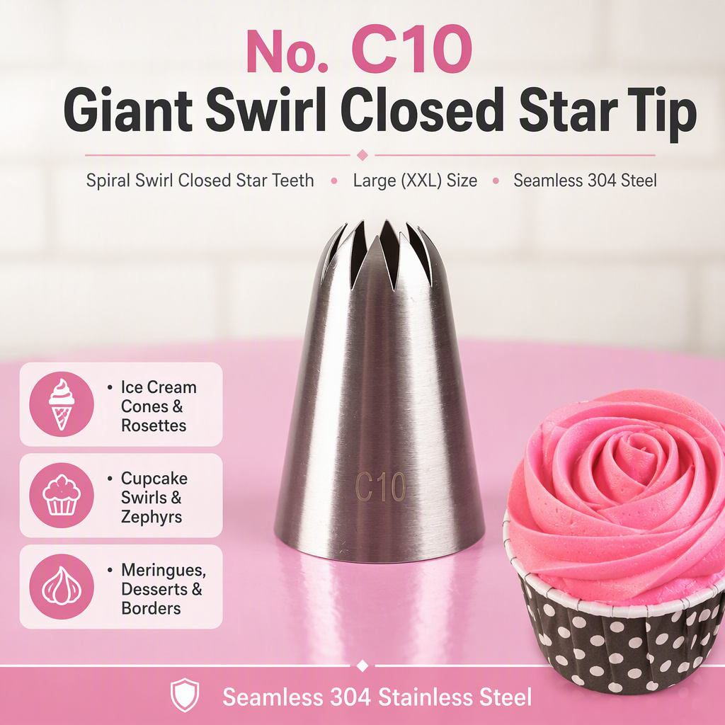 No. C10 giant swirl closed star piping tip in seamless 304 stainless steel, spiral star opening
