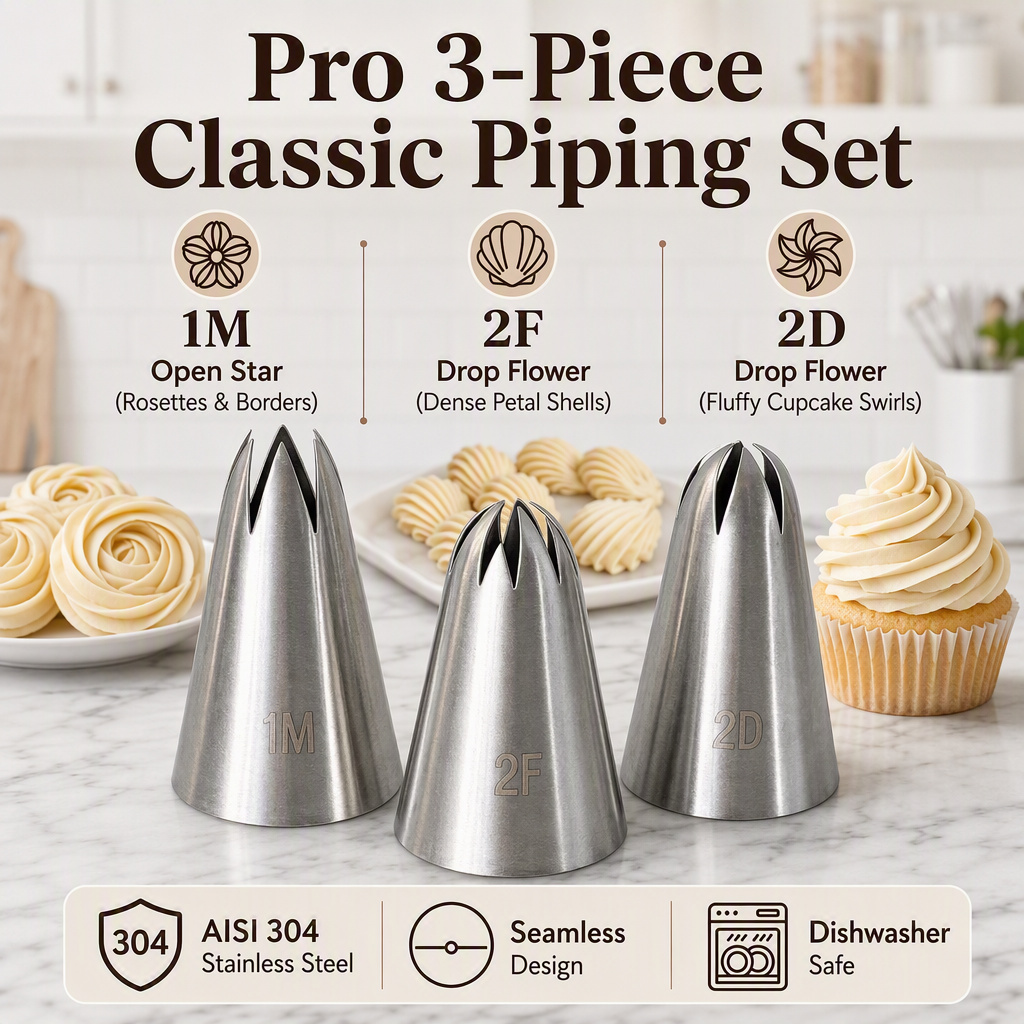 3pcs star piping tips set 1M 2D 2F in seamless 304 stainless steel for cake decorating